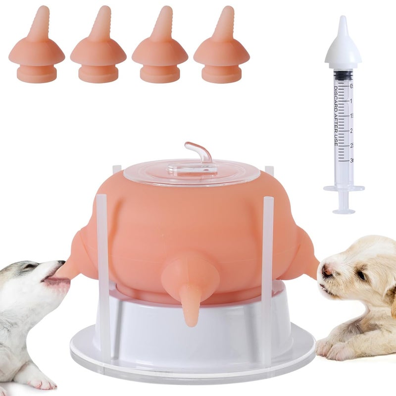 Elevonix Nursing Nipple Puppy Feeders for Multiple Puppies, 200ml Food-Grade Silicone with 4 Adjustable Detachable Nipples, Smooth Flow Nipple for Kitten Bottle Feeding Kit(Pink) - Image 1
